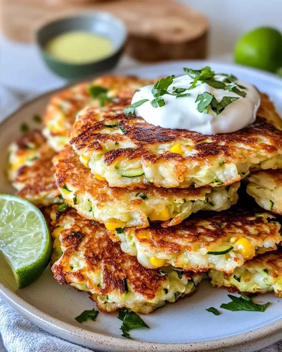 Classic Crispy Zucchini & Corn Fritters (Lime Crema) food shot