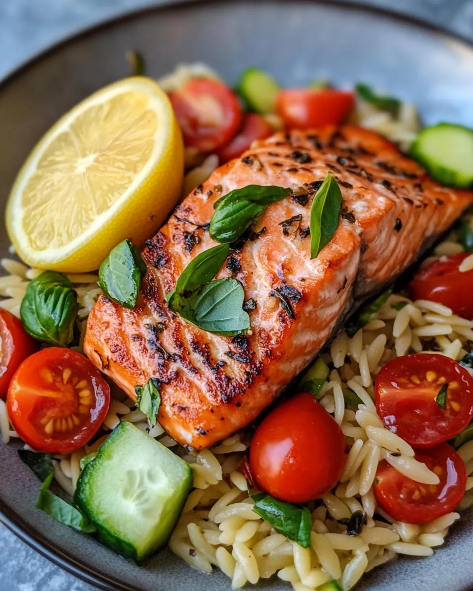 Easy Lemon-Basil Orzo Salad with Salmon food shot