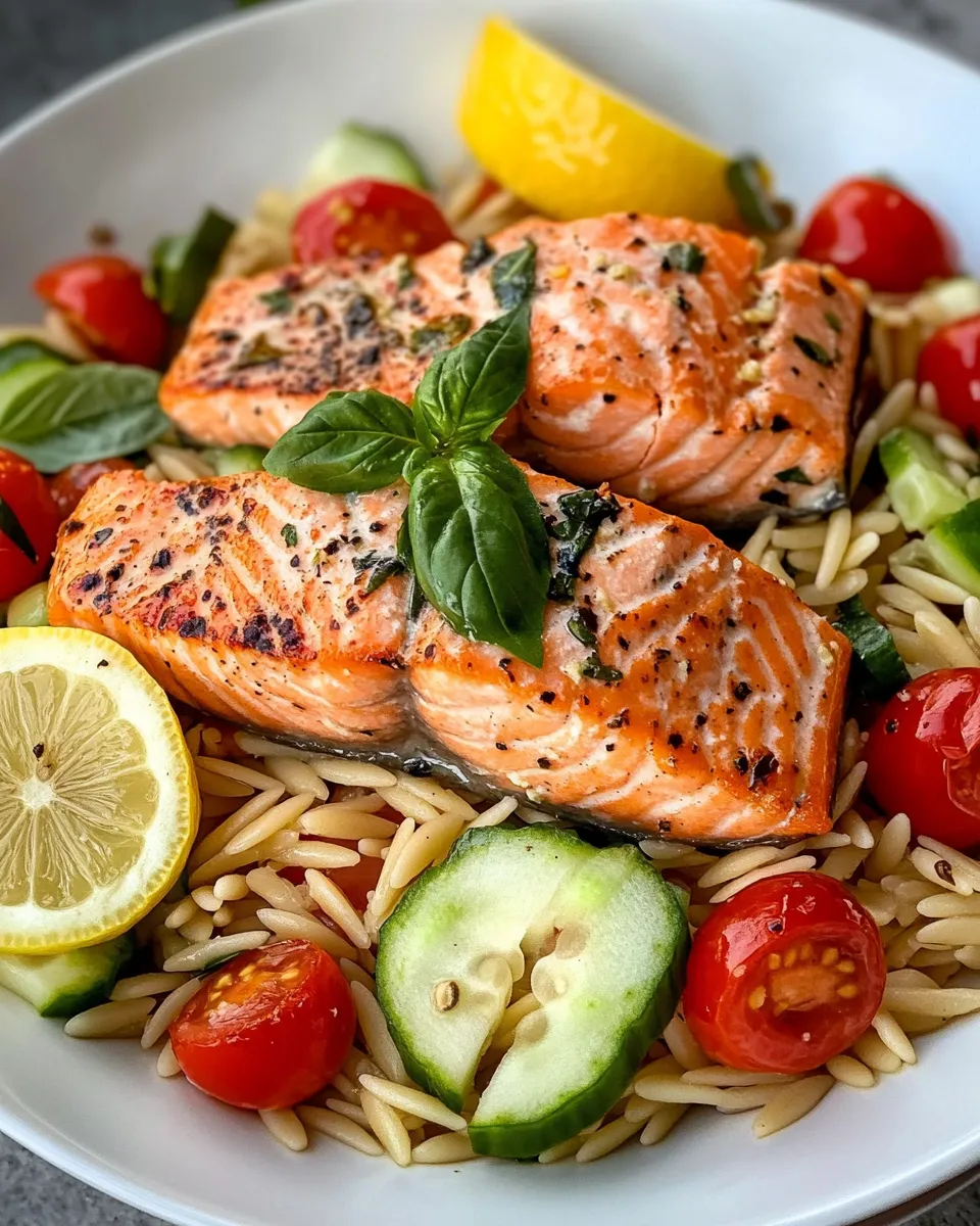 Delicious Lemon-Basil Orzo Salad with Salmon plate image
