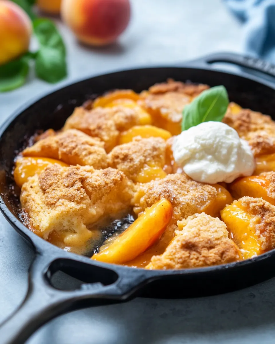 Delicious Skillet Peach Cobbler with Fresh Peaches food shot
