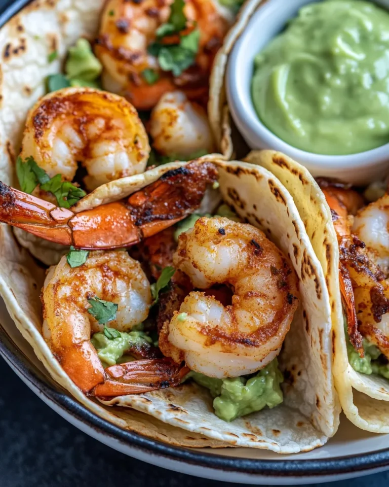 Homemade Takis Shrimp Tacos with Avocado Crema recipe photo