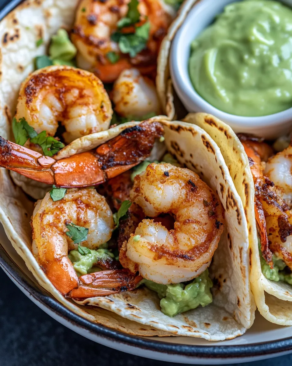 Homemade Takis Shrimp Tacos with Avocado Crema recipe photo