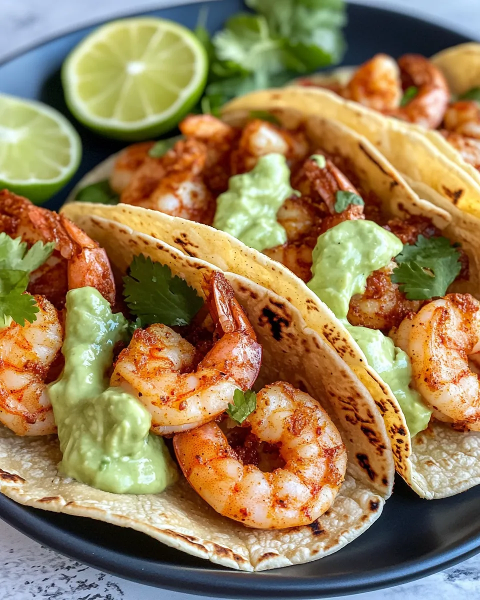 Easy Takis Shrimp Tacos with Avocado Crema food shot
