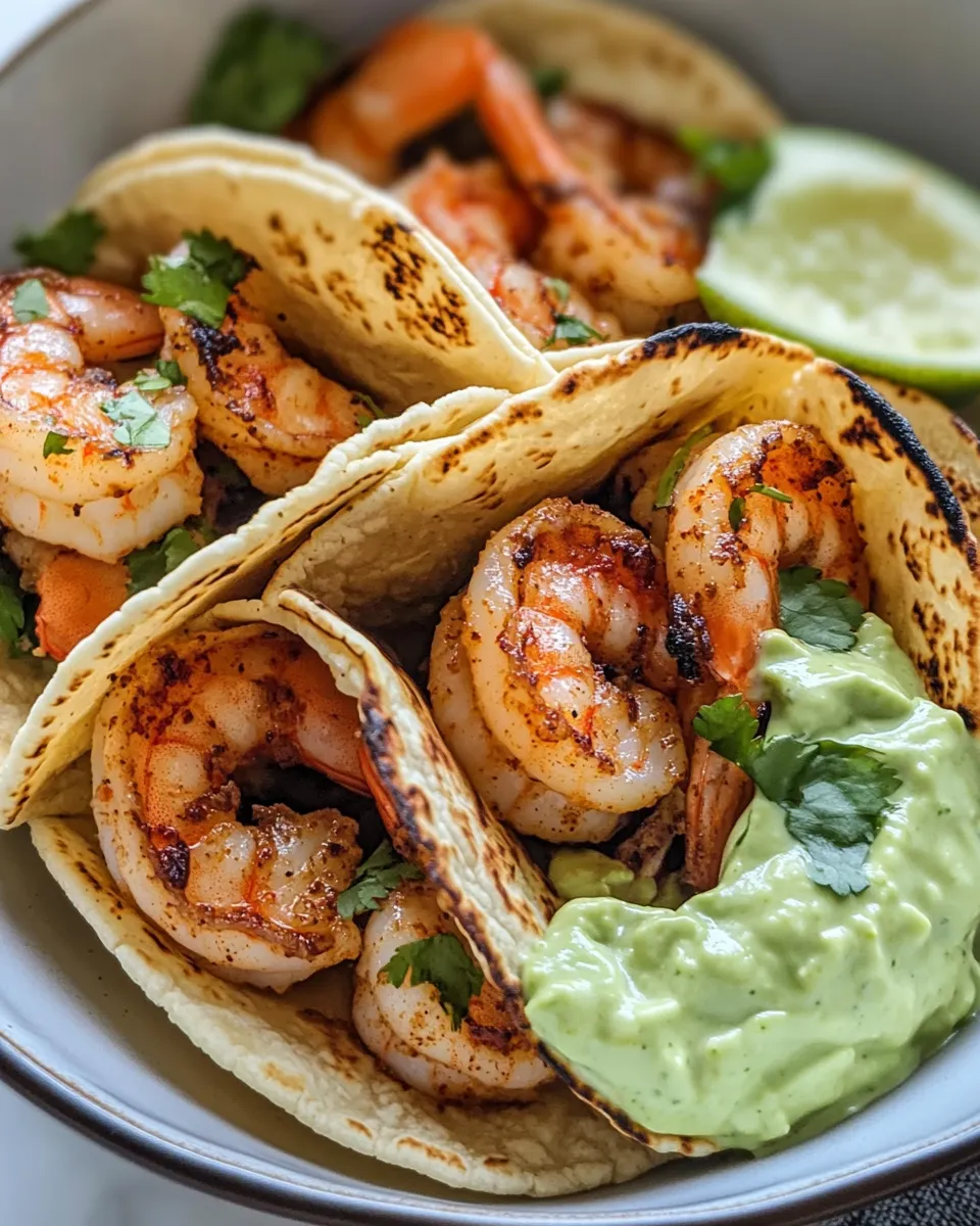 Delicious Takis Shrimp Tacos with Avocado Crema plate image