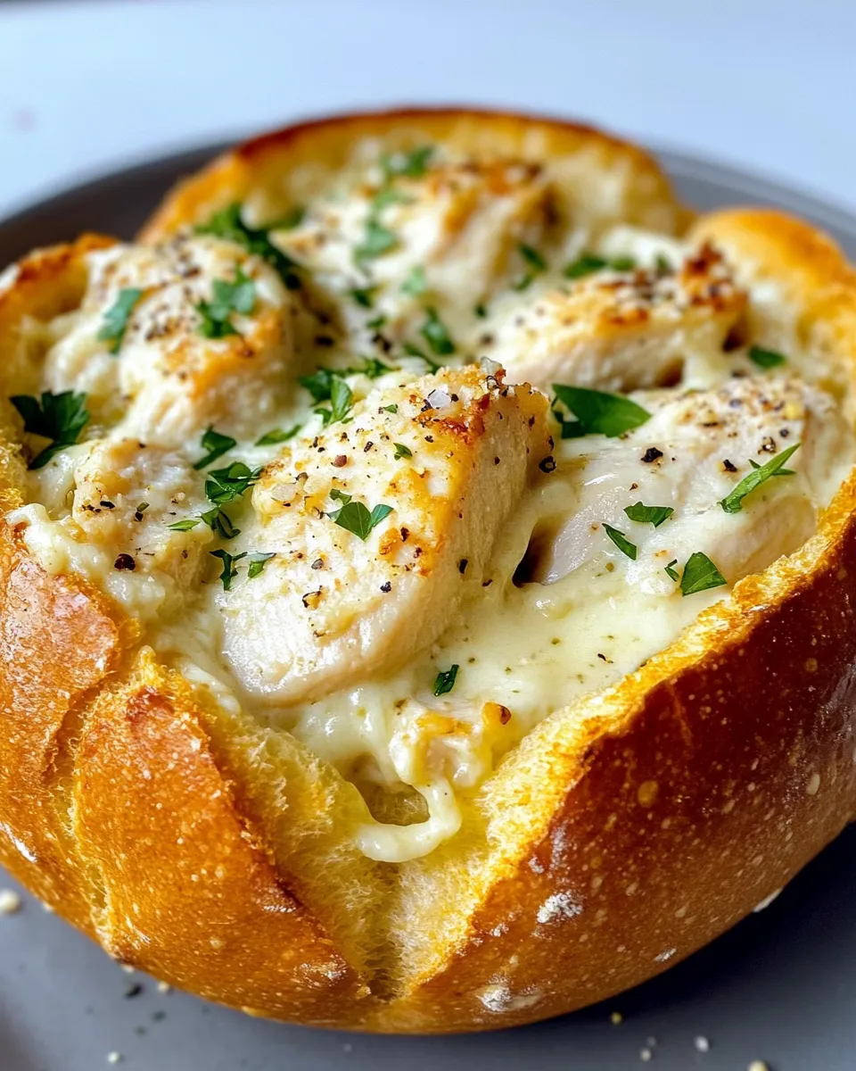 Easy Chicken Alfredo Bread Bowl food shot