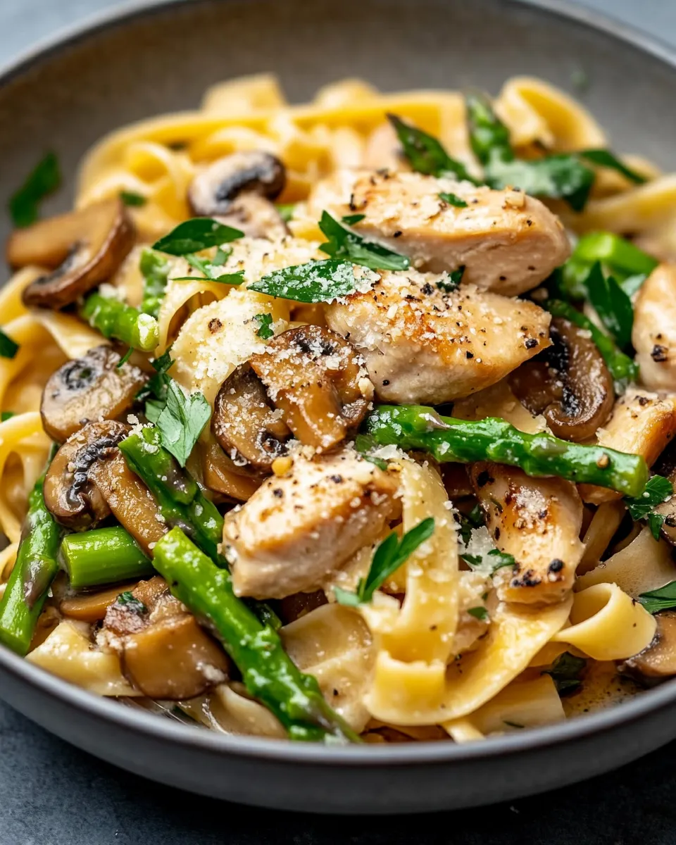 Classic Chicken Asparagus Mushroom Pasta dish photo