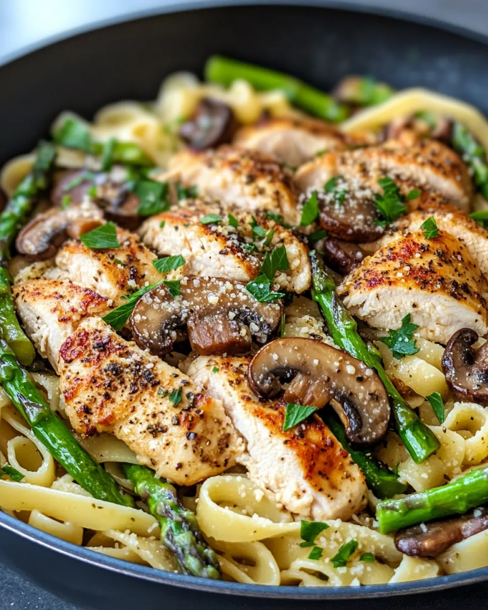 Easy Chicken Asparagus Mushroom Pasta food shot