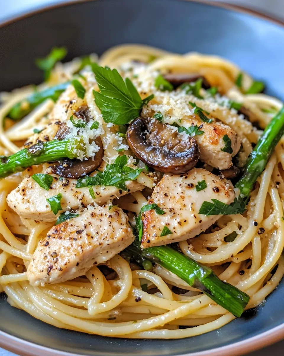 Delicious Chicken Asparagus Mushroom Pasta plate image
