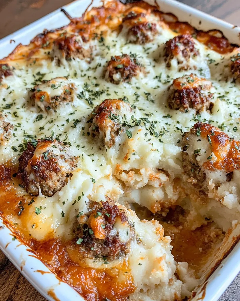 Classic Mashed Potato And Meatball Casserole dish photo