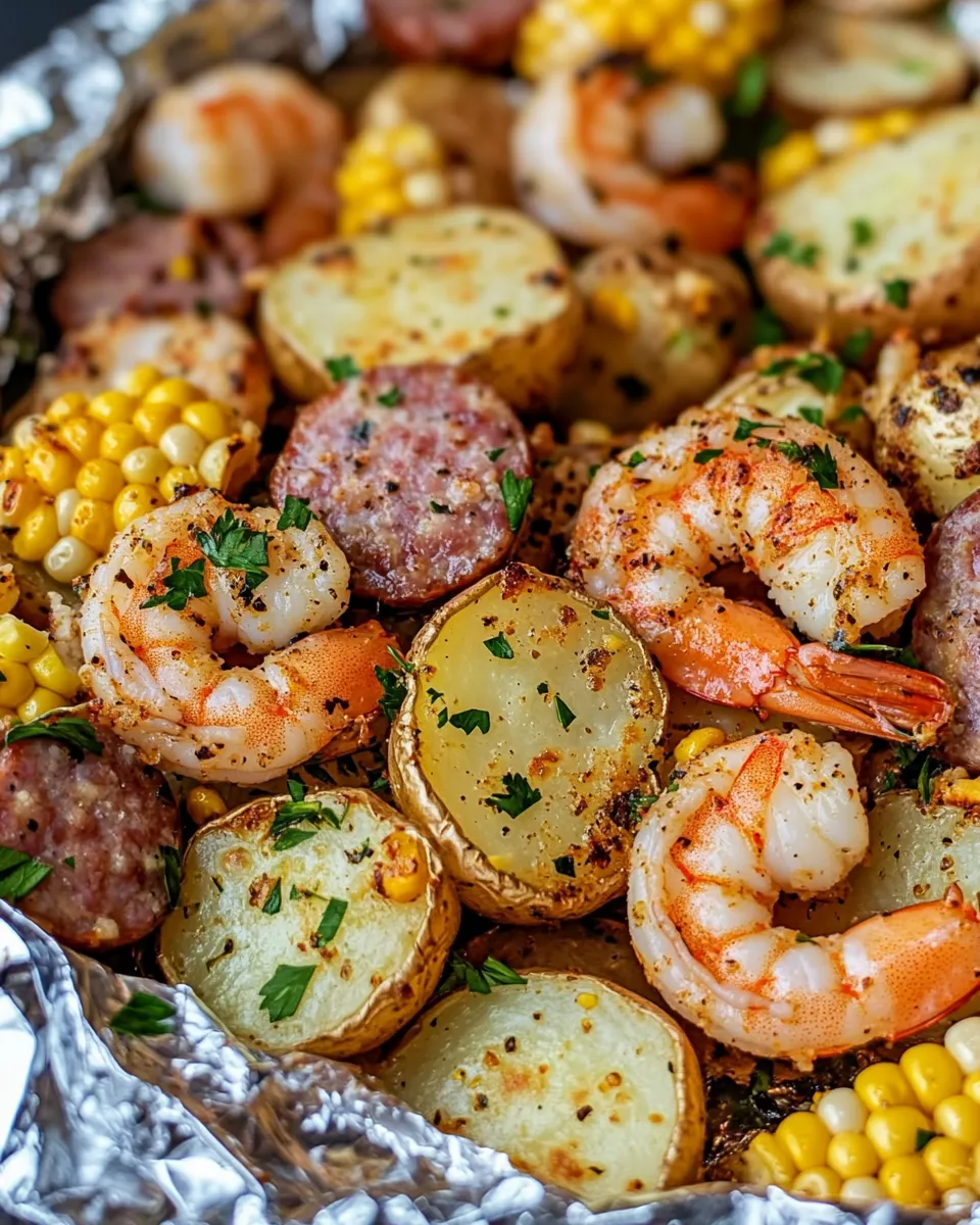 Delicious Shrimp Potatoes Corn, Sausage In Foil In Oven recipe photo
