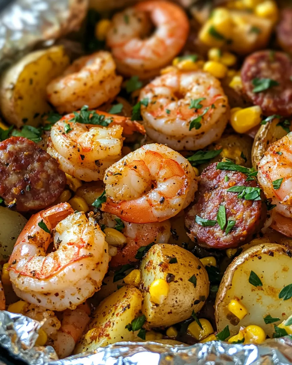 Simple Shrimp Potatoes Corn, Sausage In Foil In Oven food shot