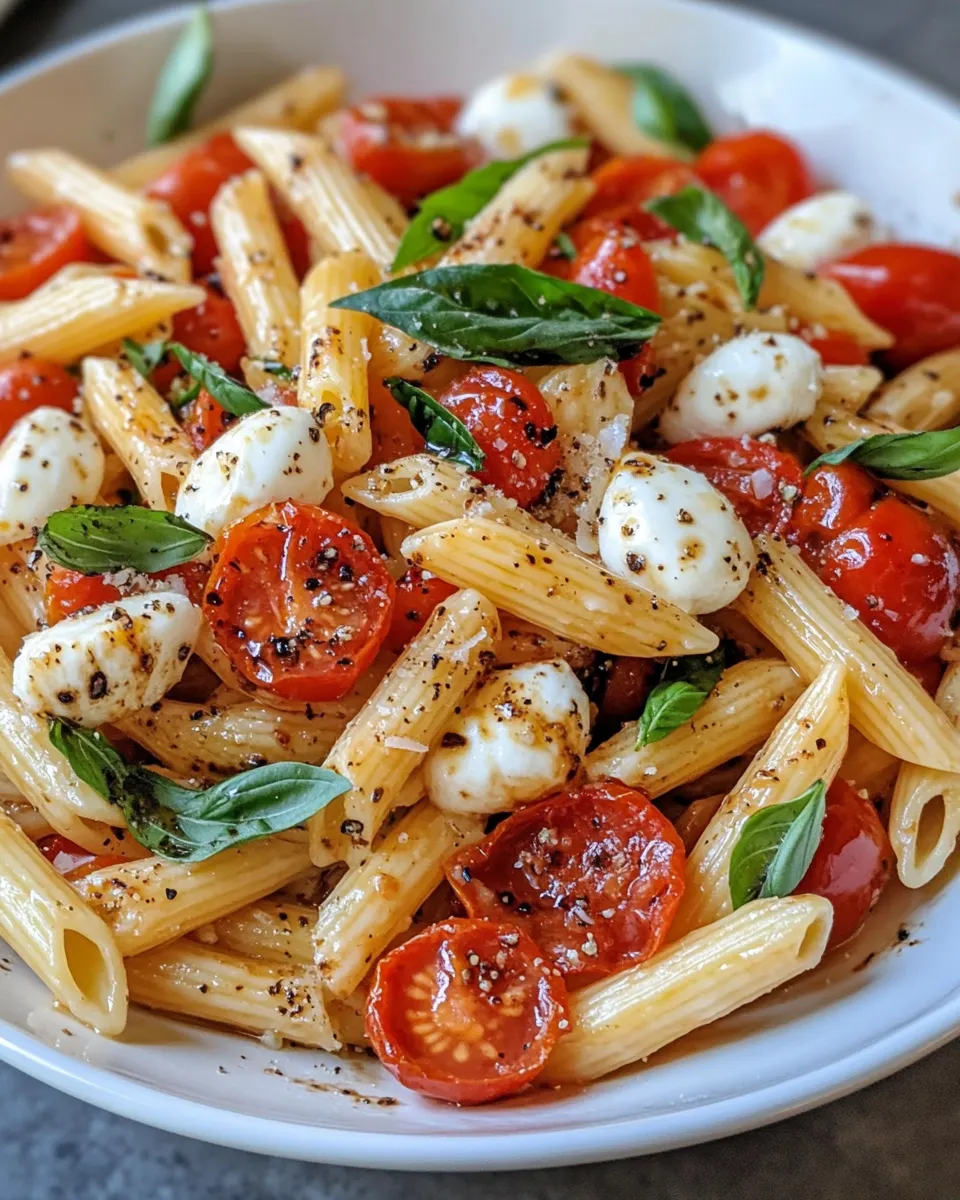 Easy Caprese Tomato Mozzarella Penne food shot