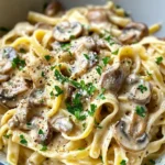 Homemade Comforting Creamy Mushroom Stroganoff Pasta food shot