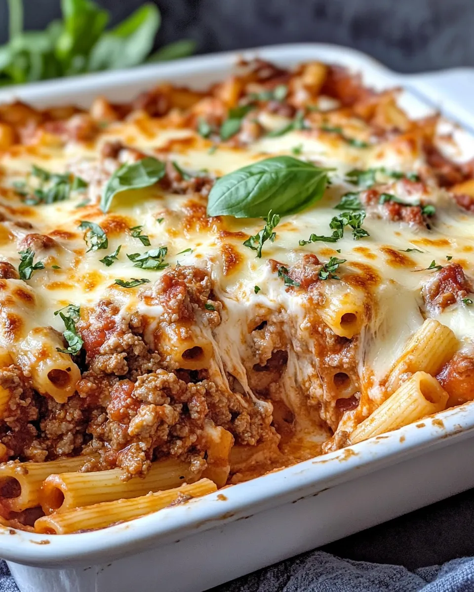 Easy Creamy Baked Ziti with Meat Sauce food shot