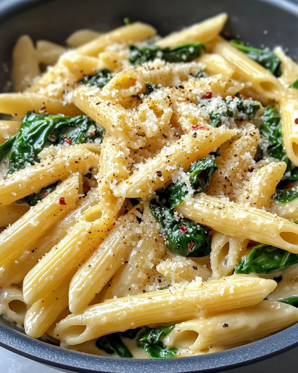 Delicious Creamy Garlic Spinach Penne in 20 Minutes plate image