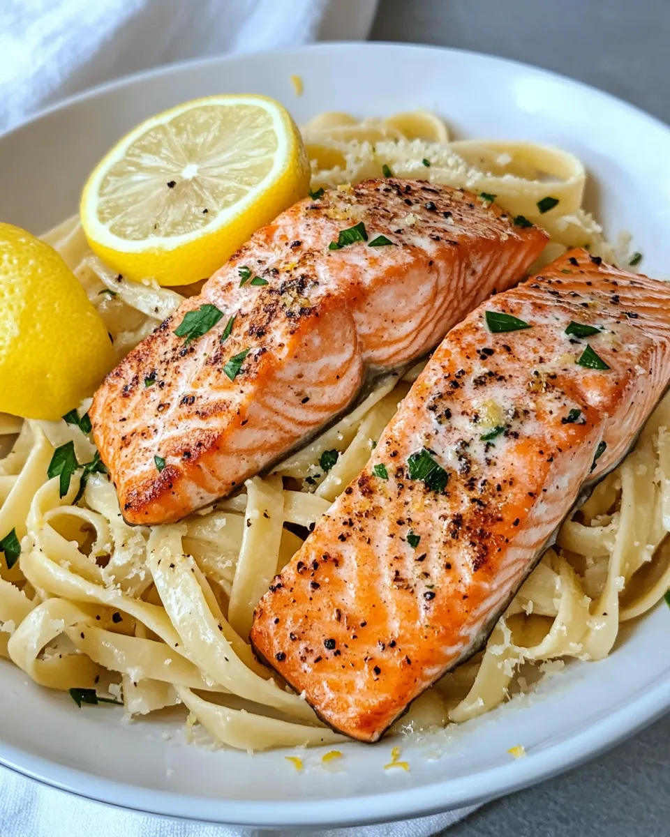 Easy Creamy Lemon Butter Salmon Pasta food shot