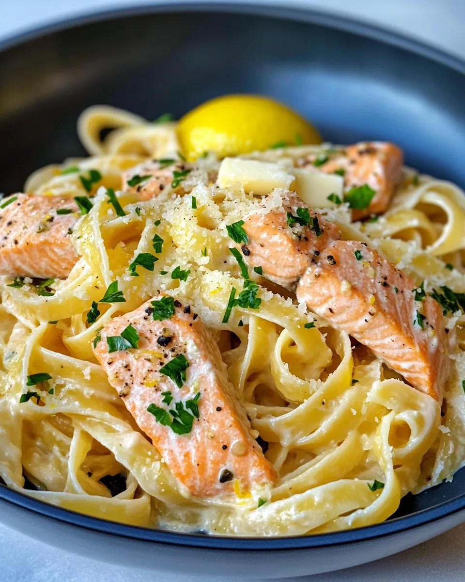 Delicious Creamy Lemon Butter Salmon Pasta plate image