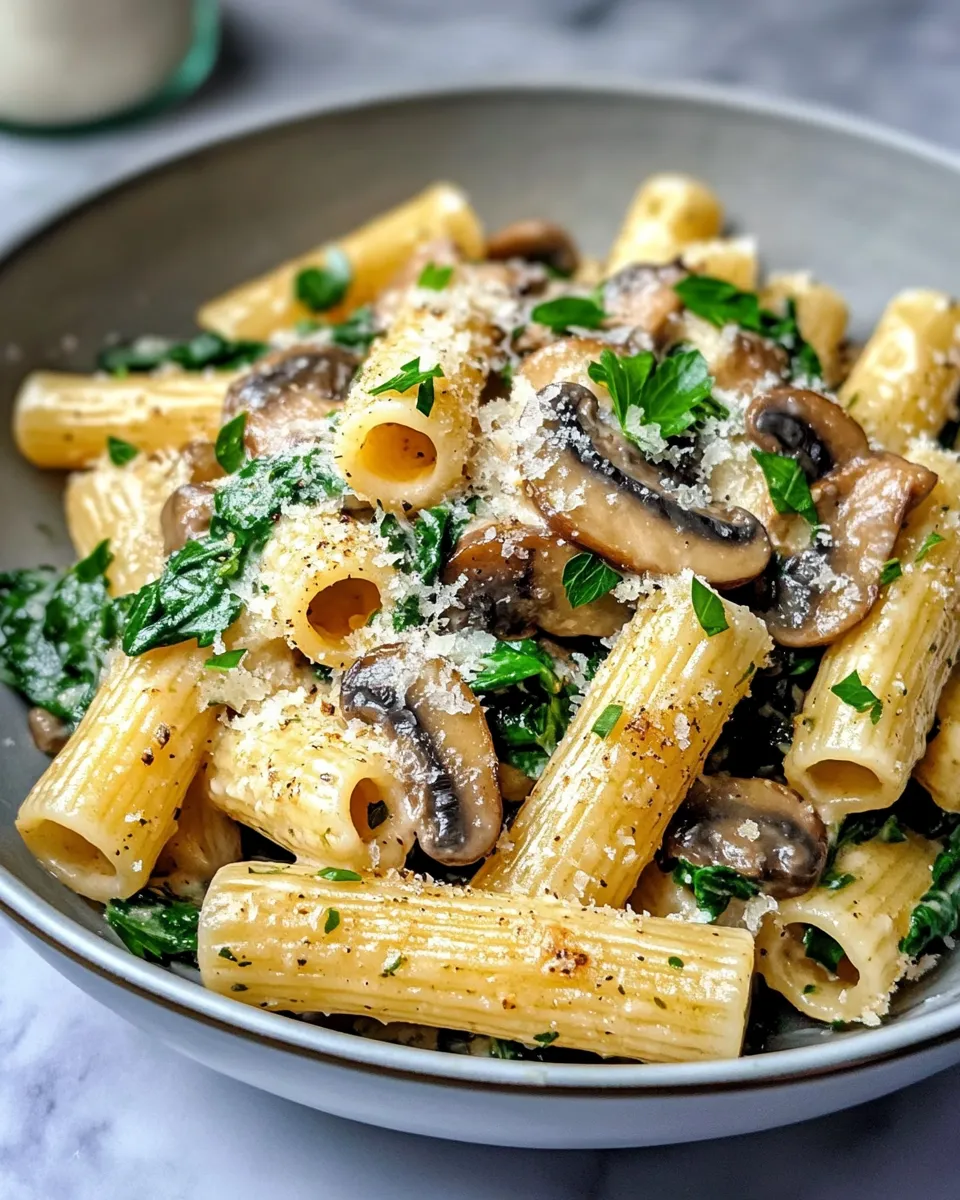 Delicious Creamy Mushroom and Spinach Rigatoni dish photo