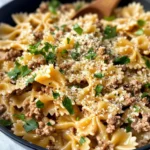 Homemade Creamy Parmesan Garlic Beef Bowtie Pasta recipe photo