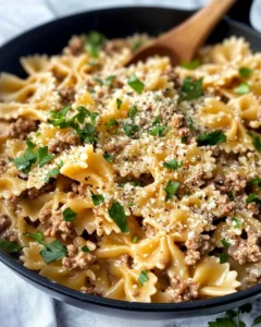 Homemade Creamy Parmesan Garlic Beef Bowtie Pasta recipe photo