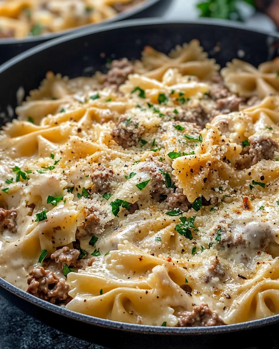 Classic Creamy Parmesan Garlic Beef Bowtie Pasta dish photo