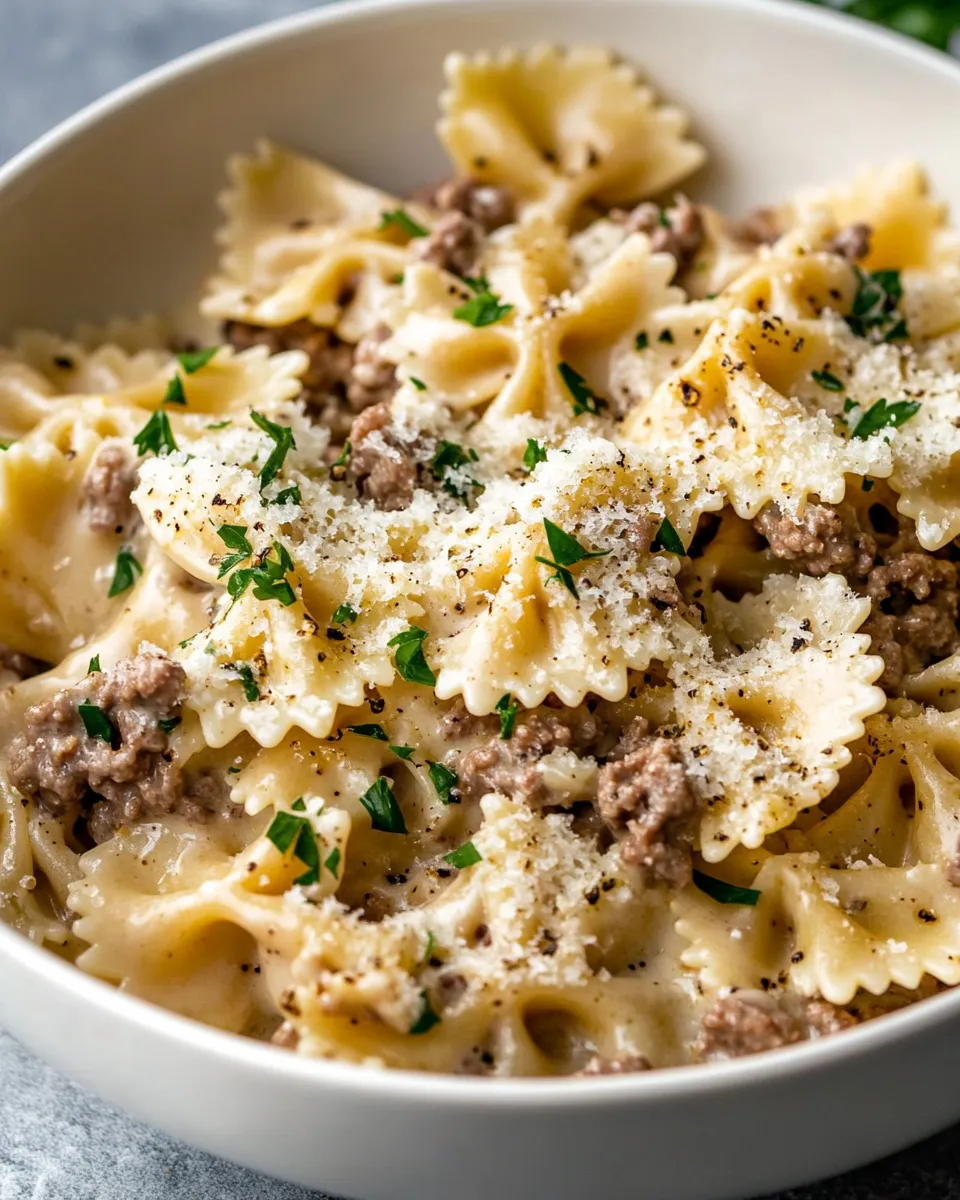 Easy Creamy Parmesan Garlic Beef Bowtie Pasta plate image