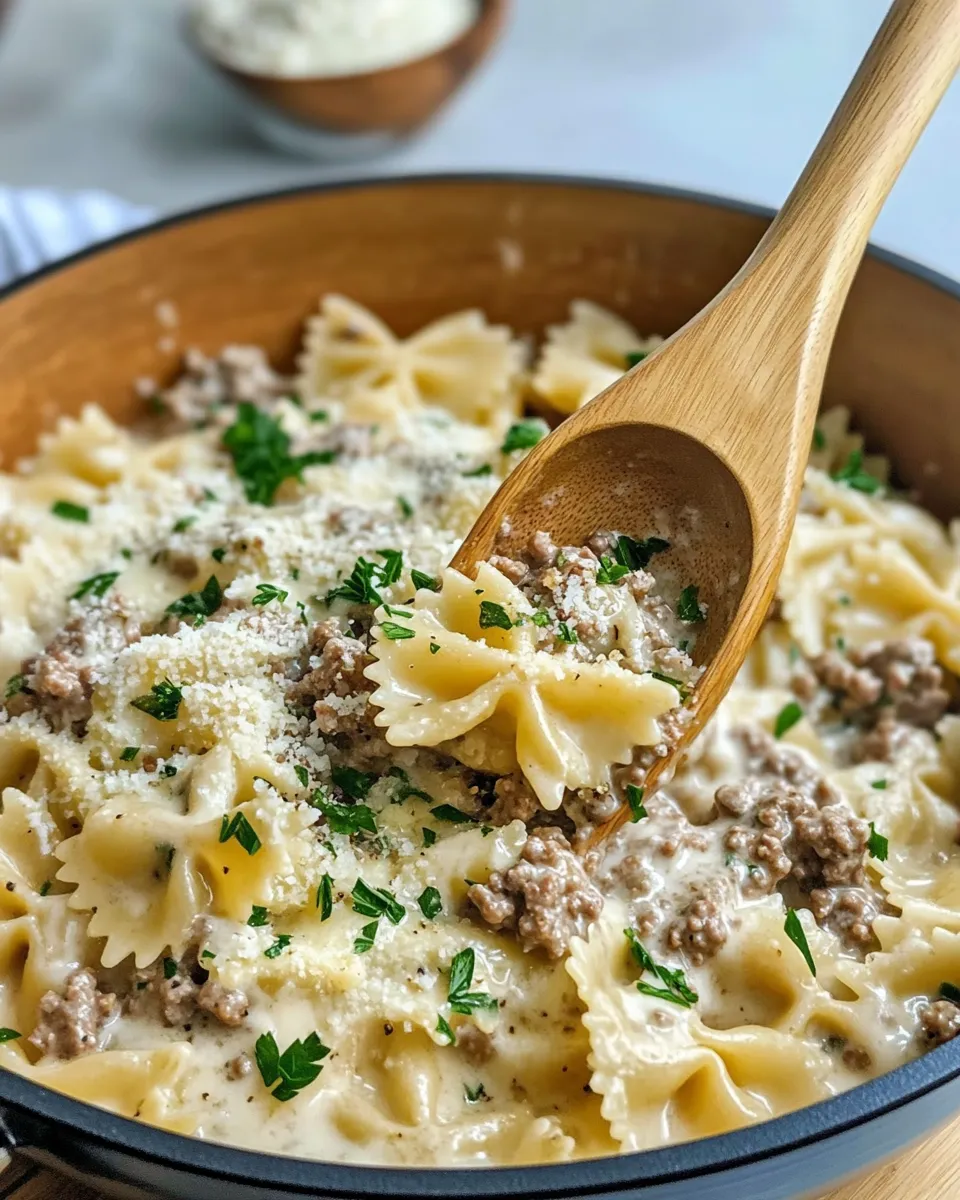 Delicious Creamy Parmesan Garlic Beef Bowtie Pasta food shot