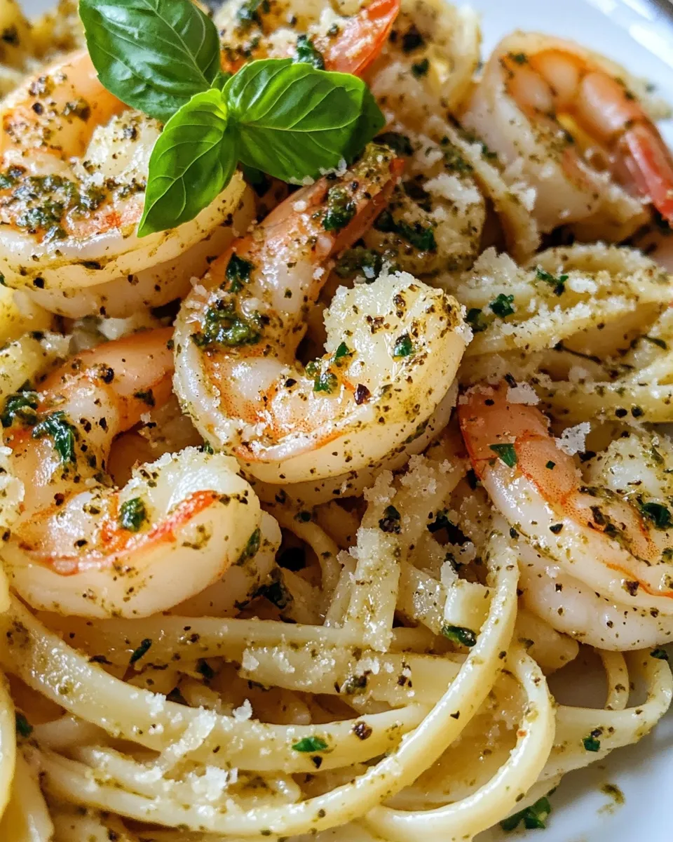 Easy Creamy Pesto Shrimp Linguine food shot