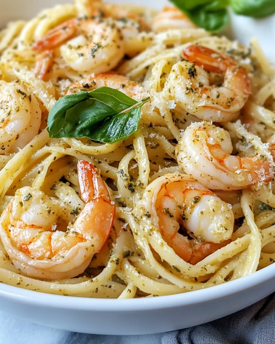 Delicious Creamy Pesto Shrimp Linguine plate image