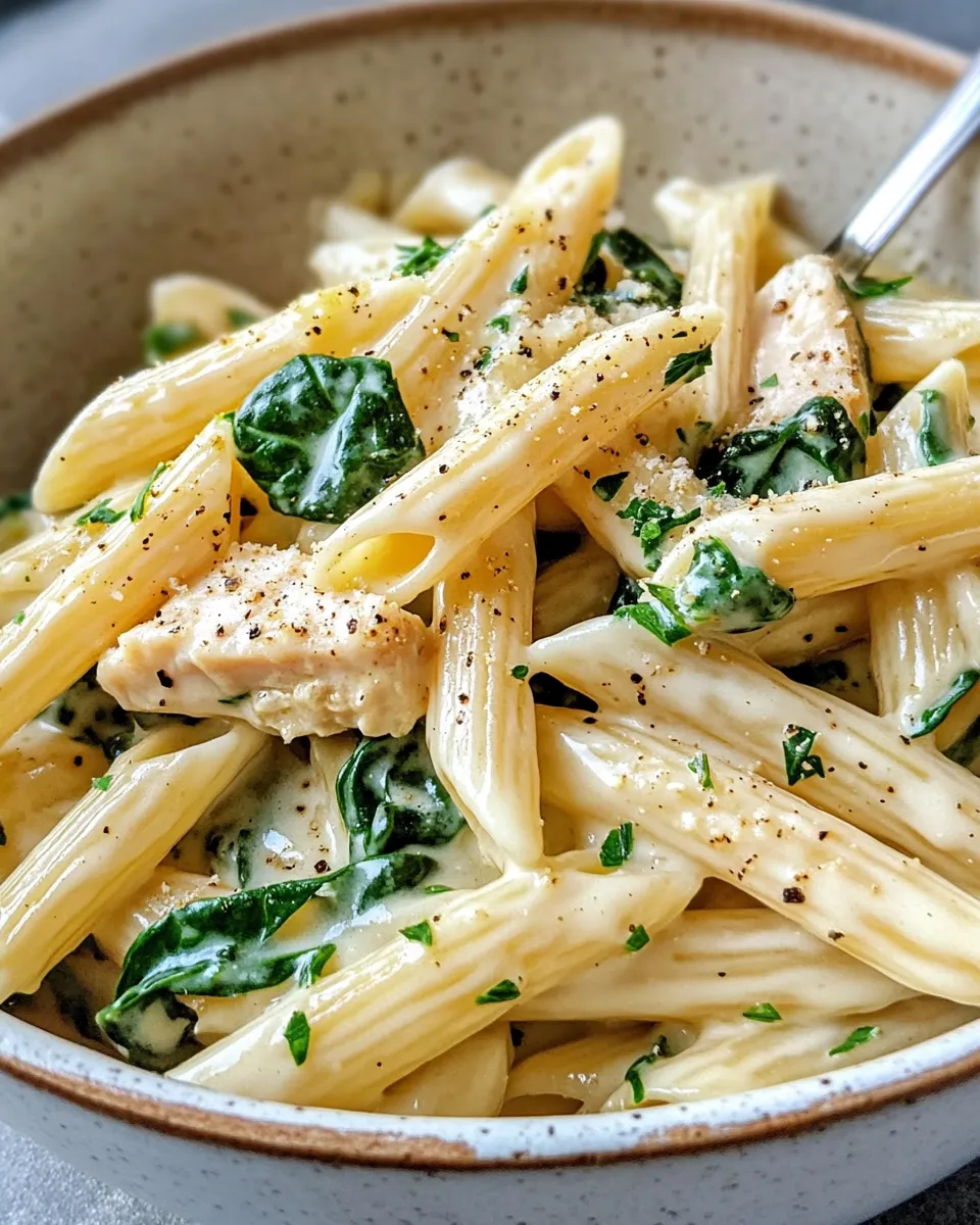 Easy Creamy Spinach Alfredo Penne food shot