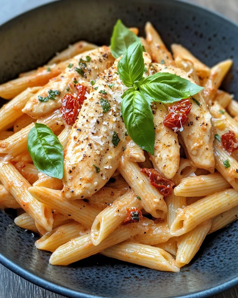 Easy Creamy Sun-Dried Tomato Chicken Penne food shot