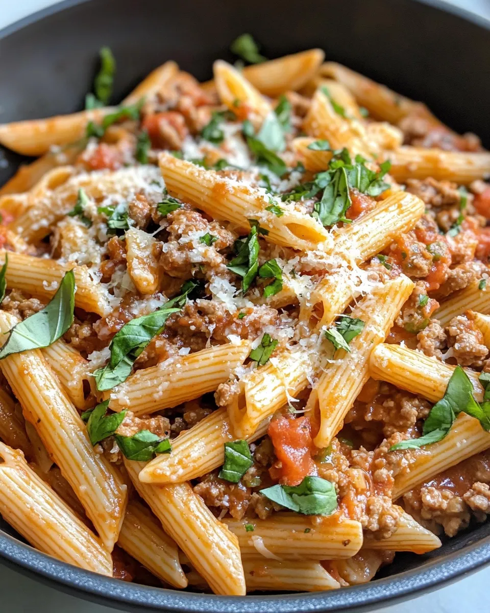 Easy Creamy Tomato Basil Beef Pasta food shot