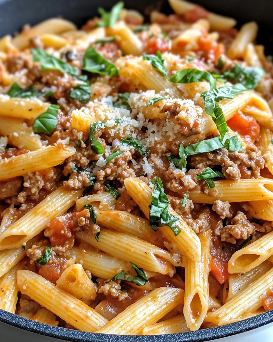 Delicious Creamy Tomato Basil Beef Pasta plate image