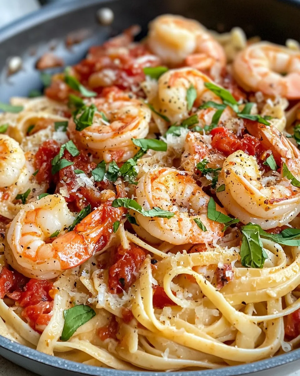 Easy Creamy Tomato Basil Shrimp Pasta food shot
