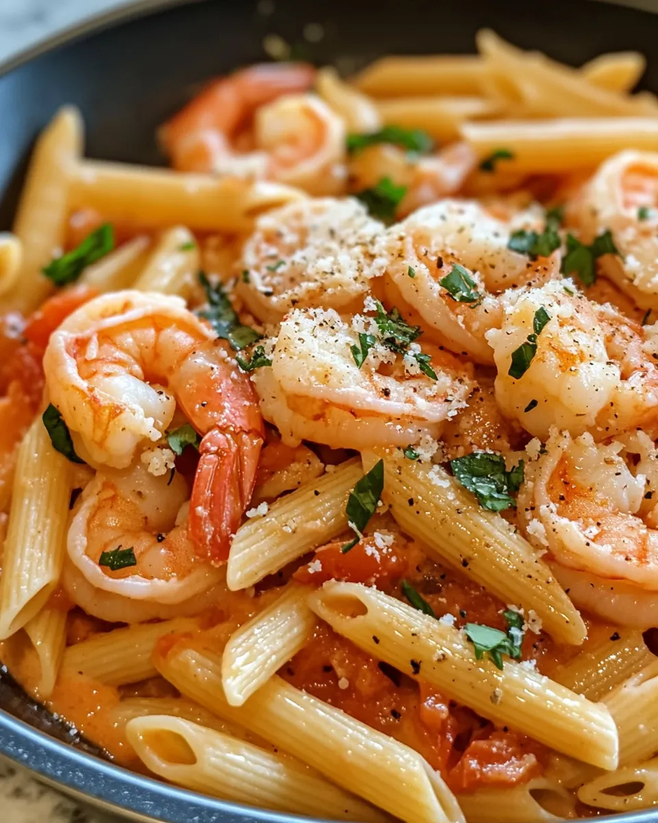 Classic Creamy Tomato Basil Shrimp Penne food shot