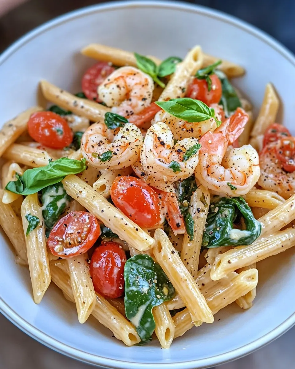 Easy Creamy Tuscan Shrimp Penne Pasta food shot