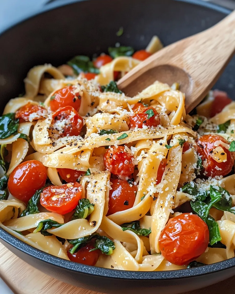 Easy Delicious Spinach Tomato Pasta food shot