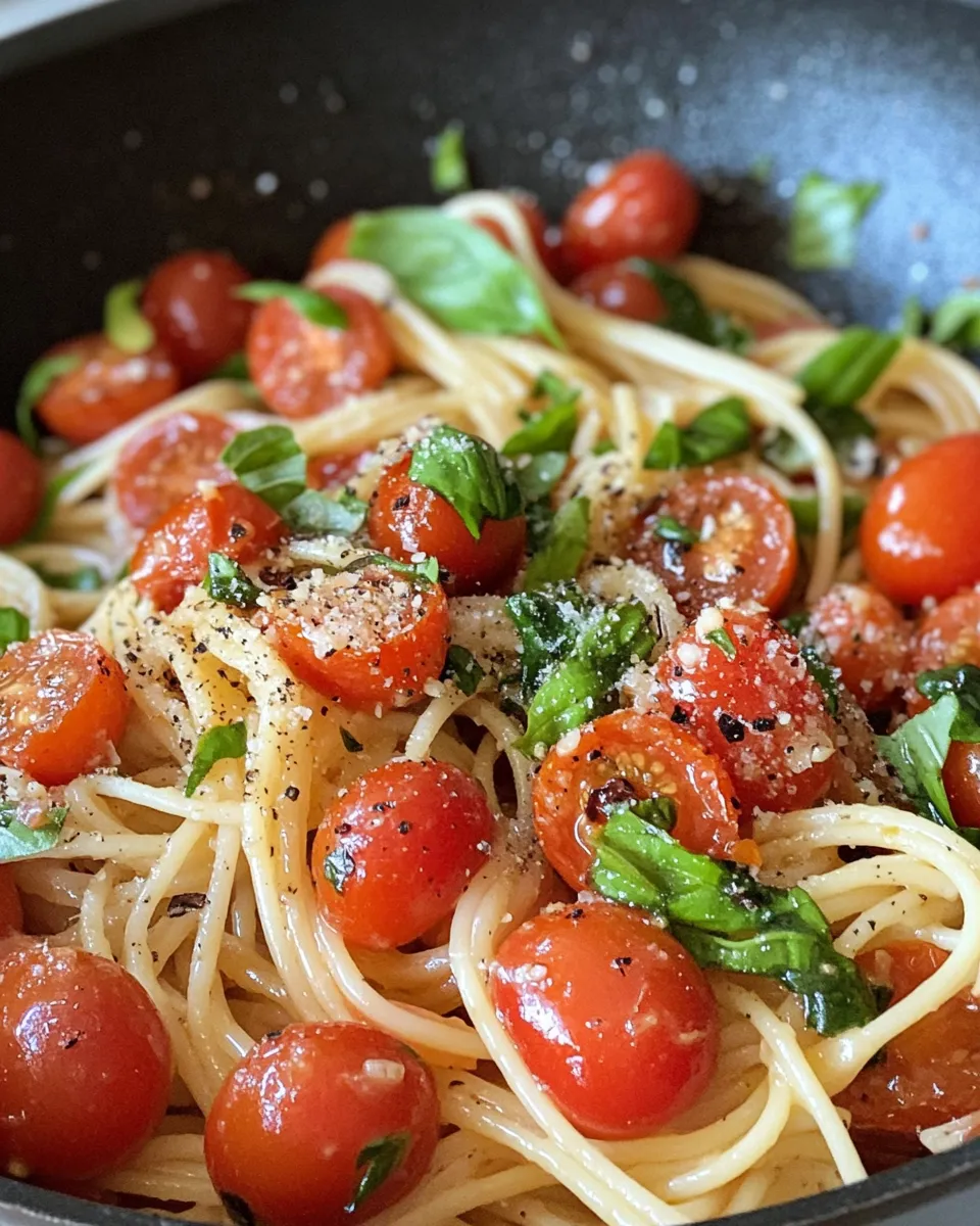 Delicious Easy 3-Ingredient Tomato Basil Pasta food shot