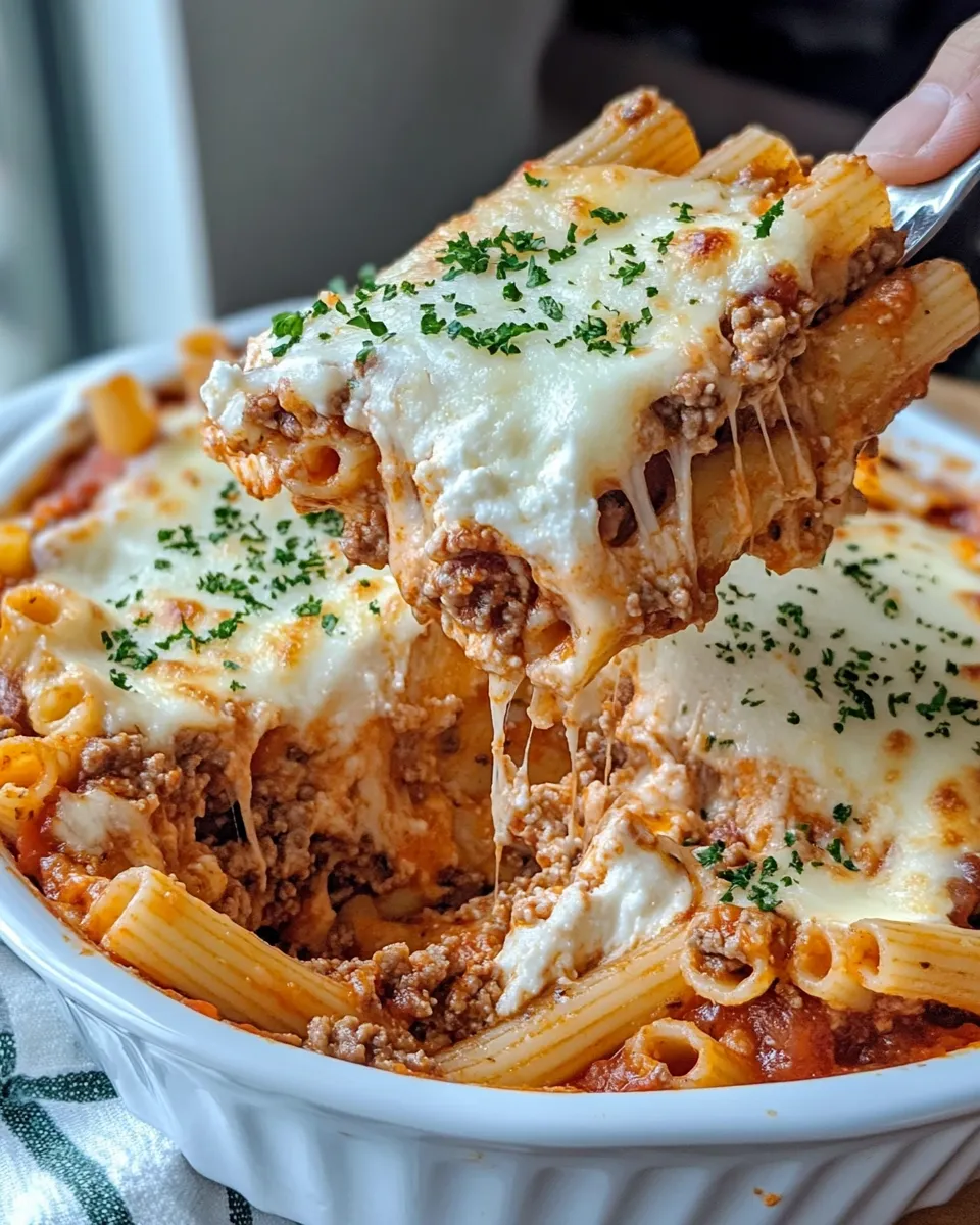 Delicious Four Cheese Baked Ziti food shot