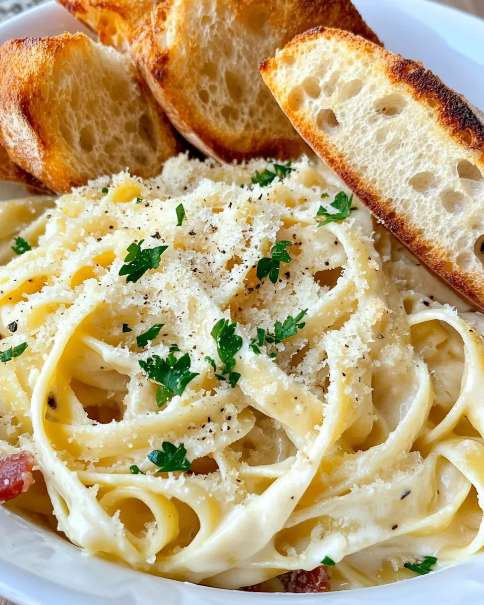 Easy Garlic Bread Alfredo Pasta food shot