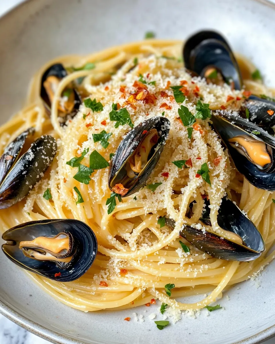Classic Garlic Parmesan Mussel Pasta dish photo