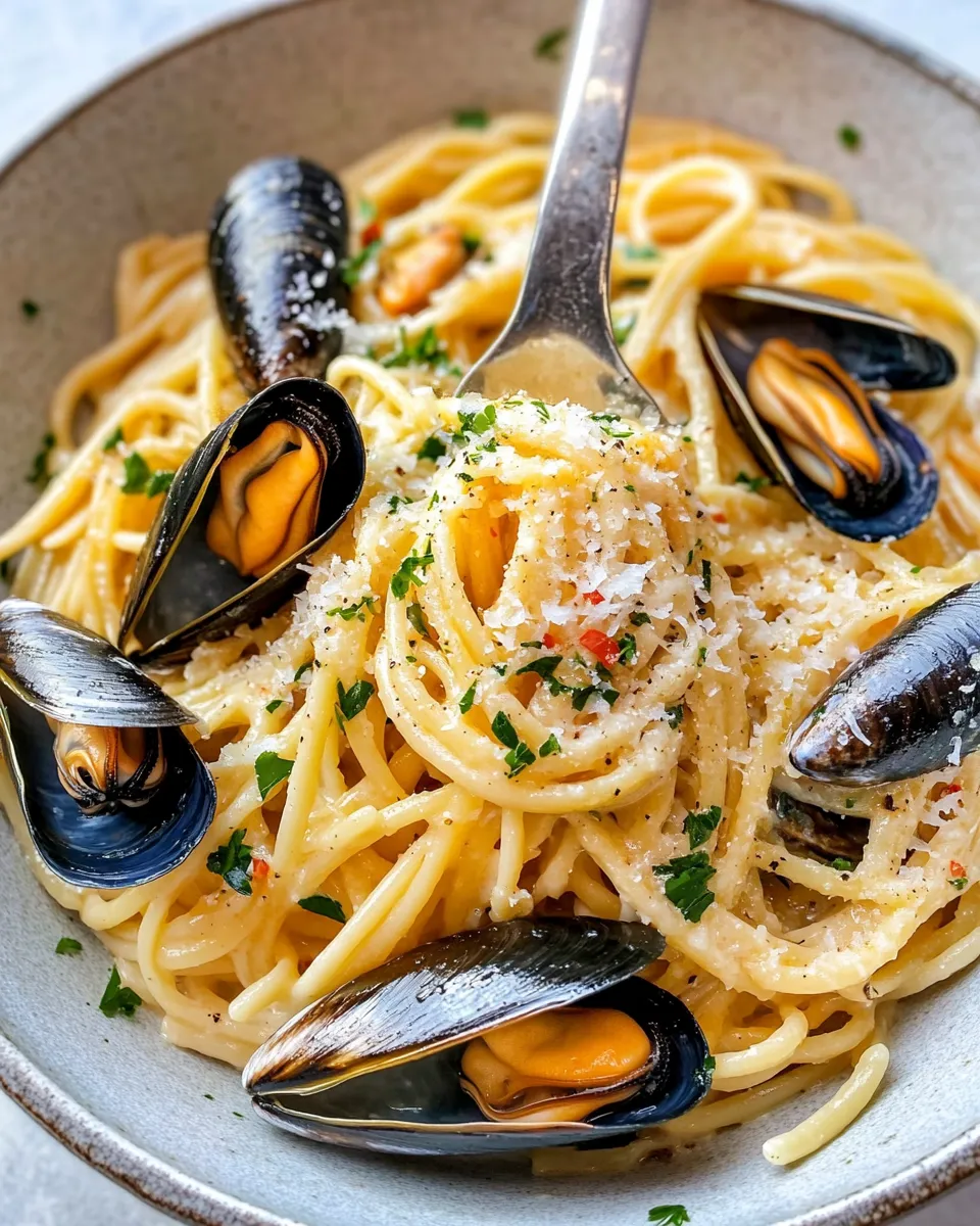 Easy Garlic Parmesan Mussel Pasta food shot