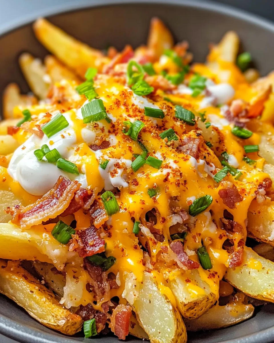 Delicious Loaded Skillet Cheese Fries shot