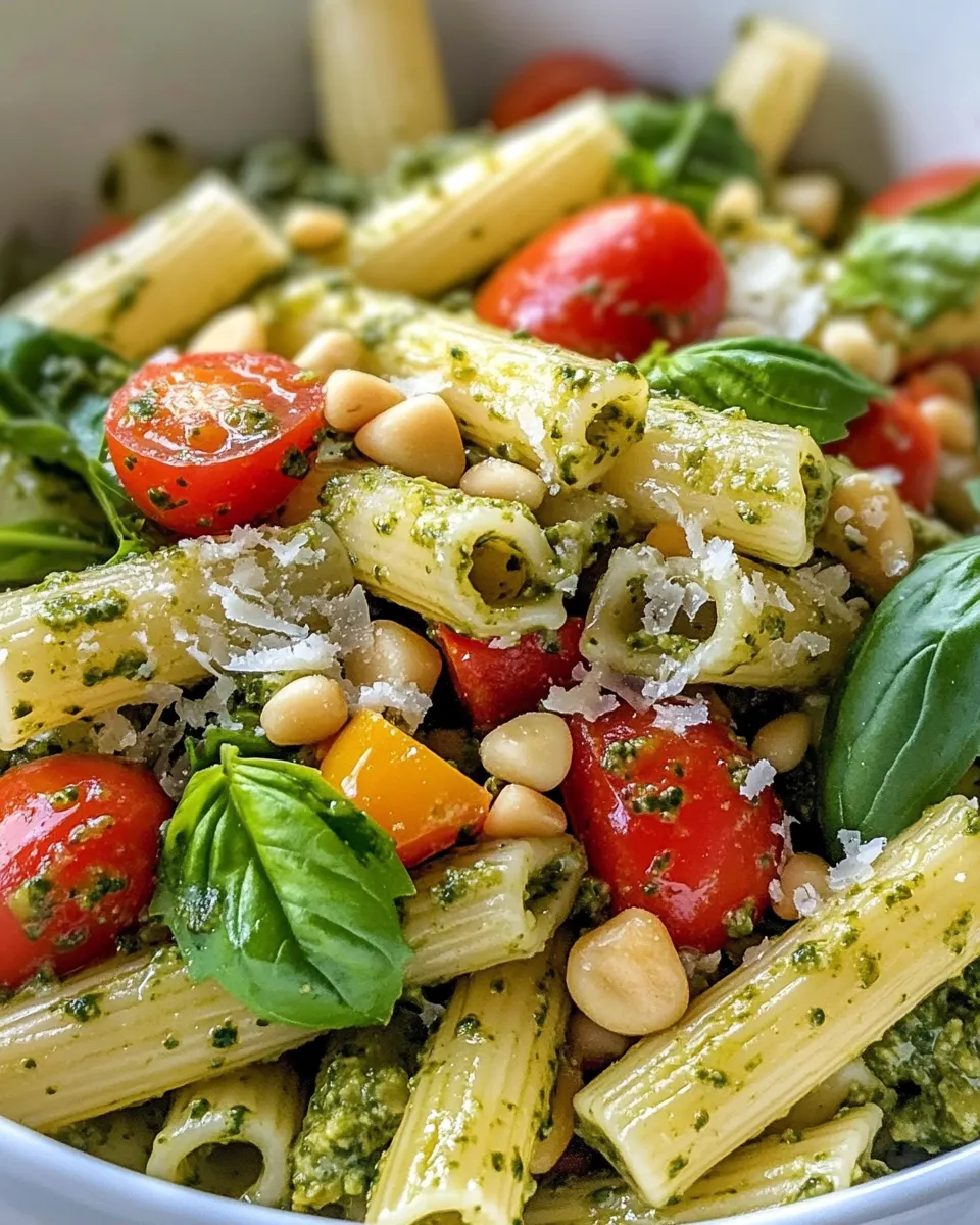 Easy Mediterranean Veggie Pesto Pasta food shot