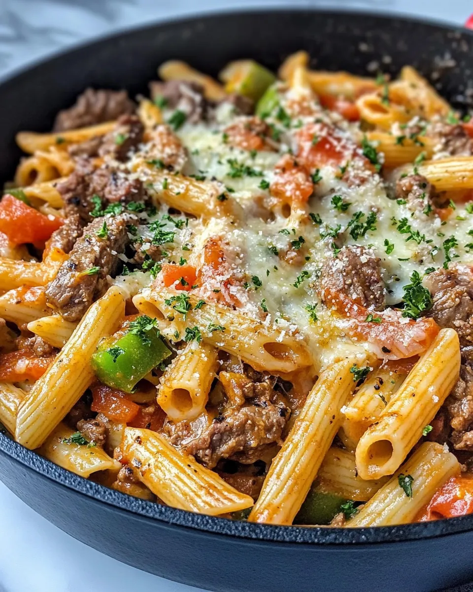 Delicious Philly Cheesesteak Pasta Skillet dish photo