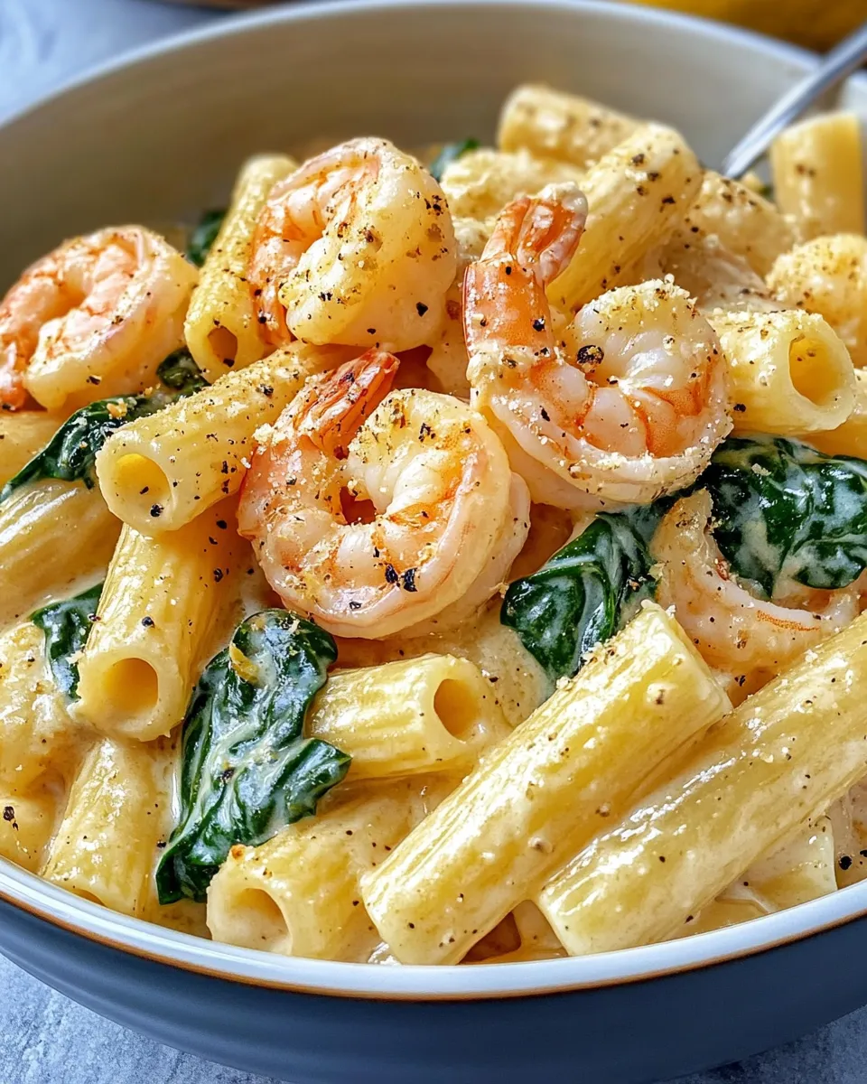 Easy Shrimp and Spinach Creamy Rigatoni food shot