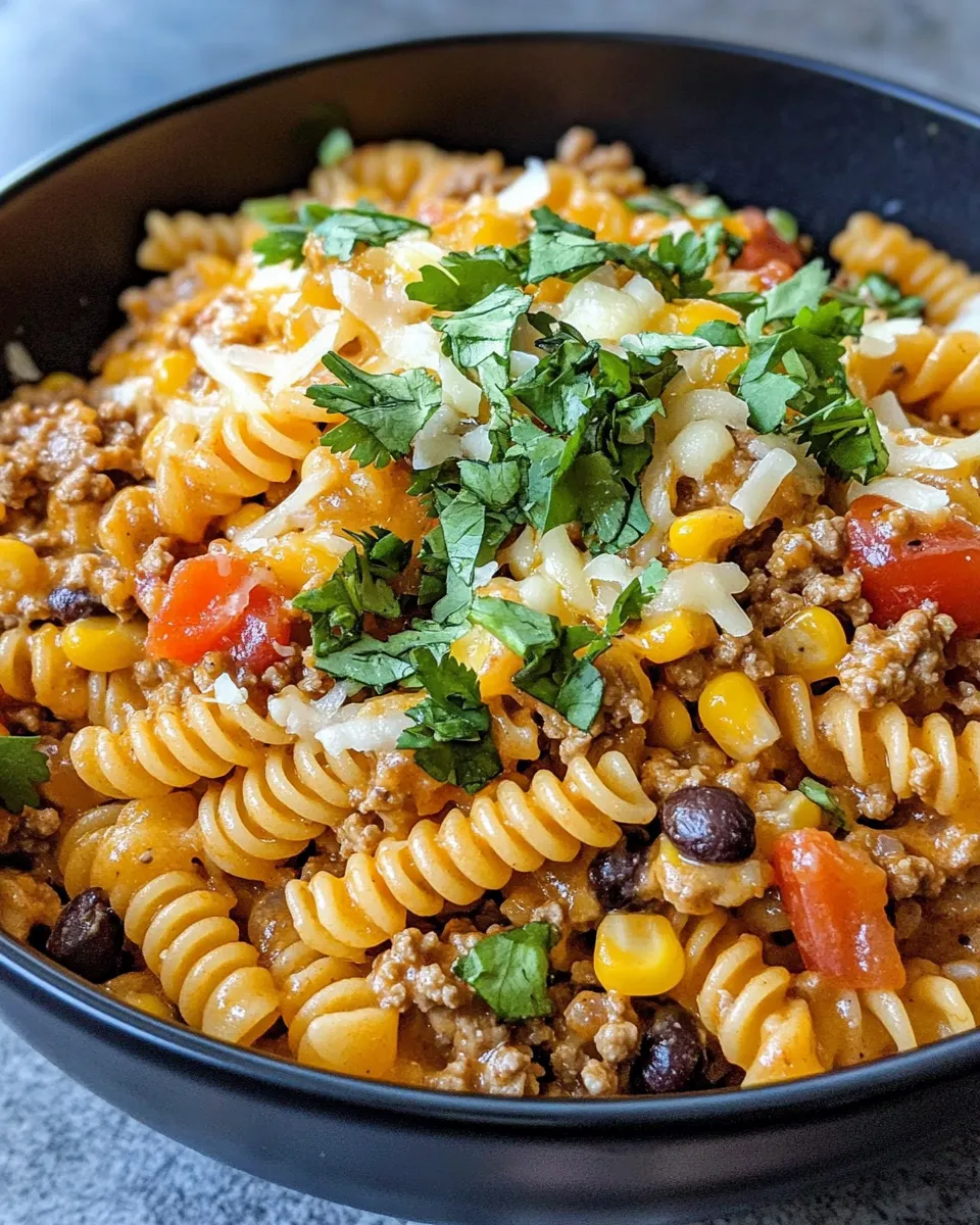 Easy Tex-Mex Cheesy Taco Pasta food shot