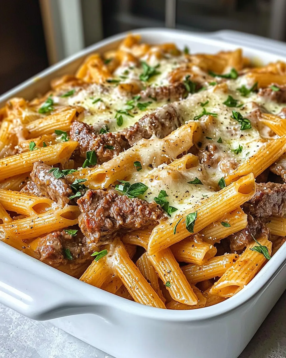 Easy Baked Philly Cheesesteak Pasta food shot