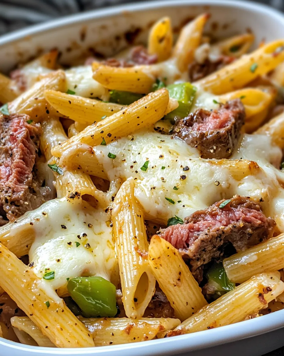 Delicious Baked Philly Cheesesteak Pasta plate image