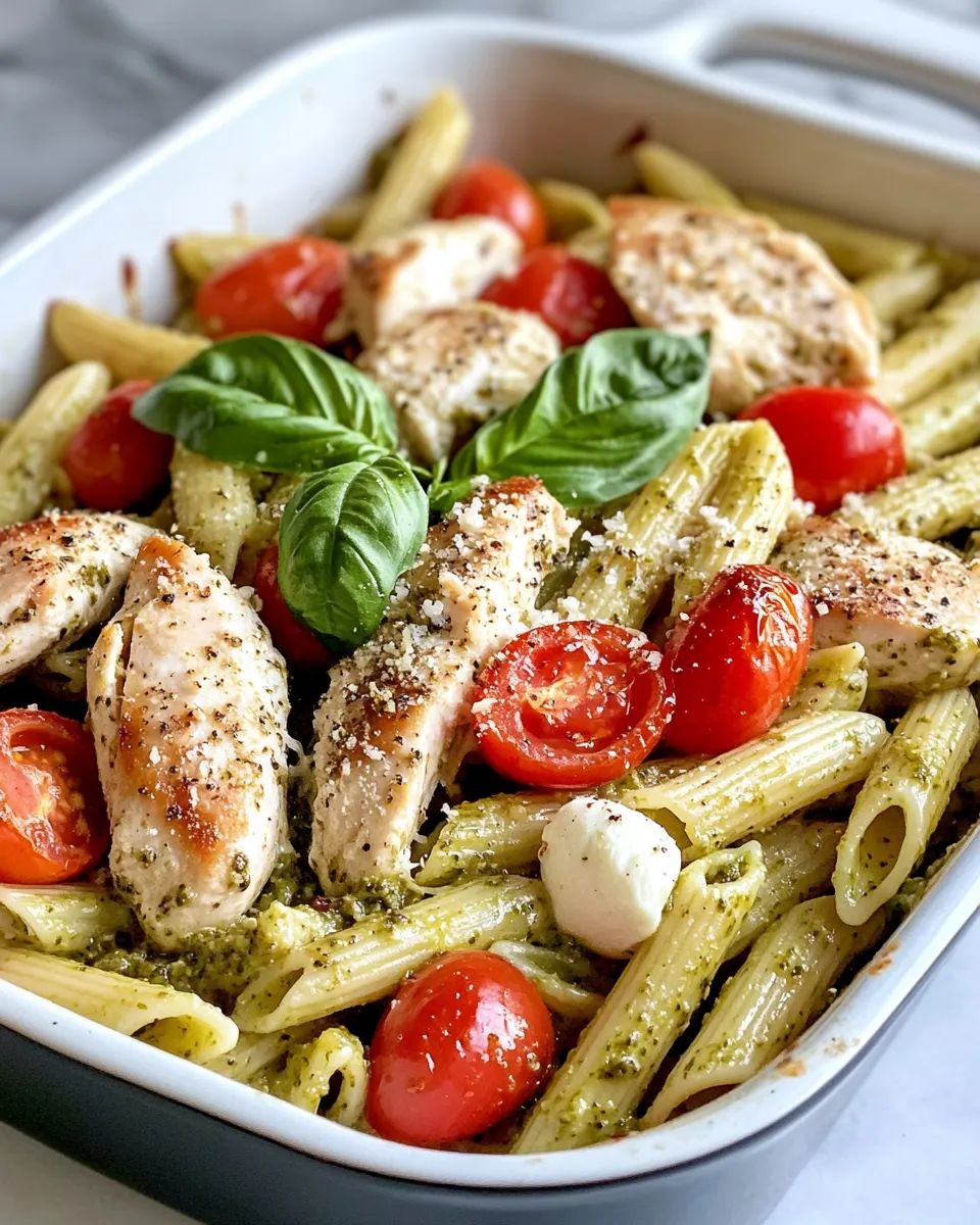 Easy Caprese Chicken Pesto Pasta Bake dish photo